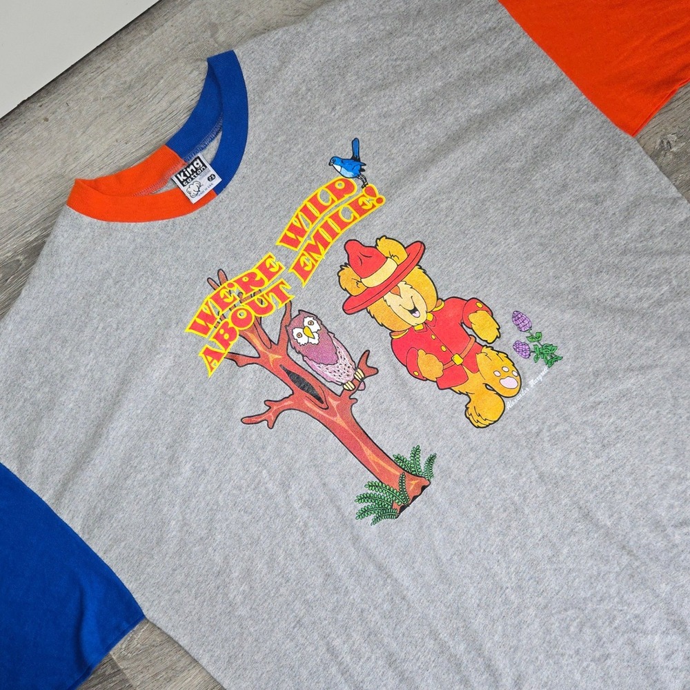 VTG WILD ABOUT EMILE T-Shirt King Cotton Mens 2XL Shirt Gray Colorblock Bear Owl